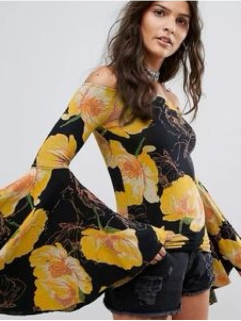 WE THE FREE birds of paradise off shoulder floral bell sleeve top / size S